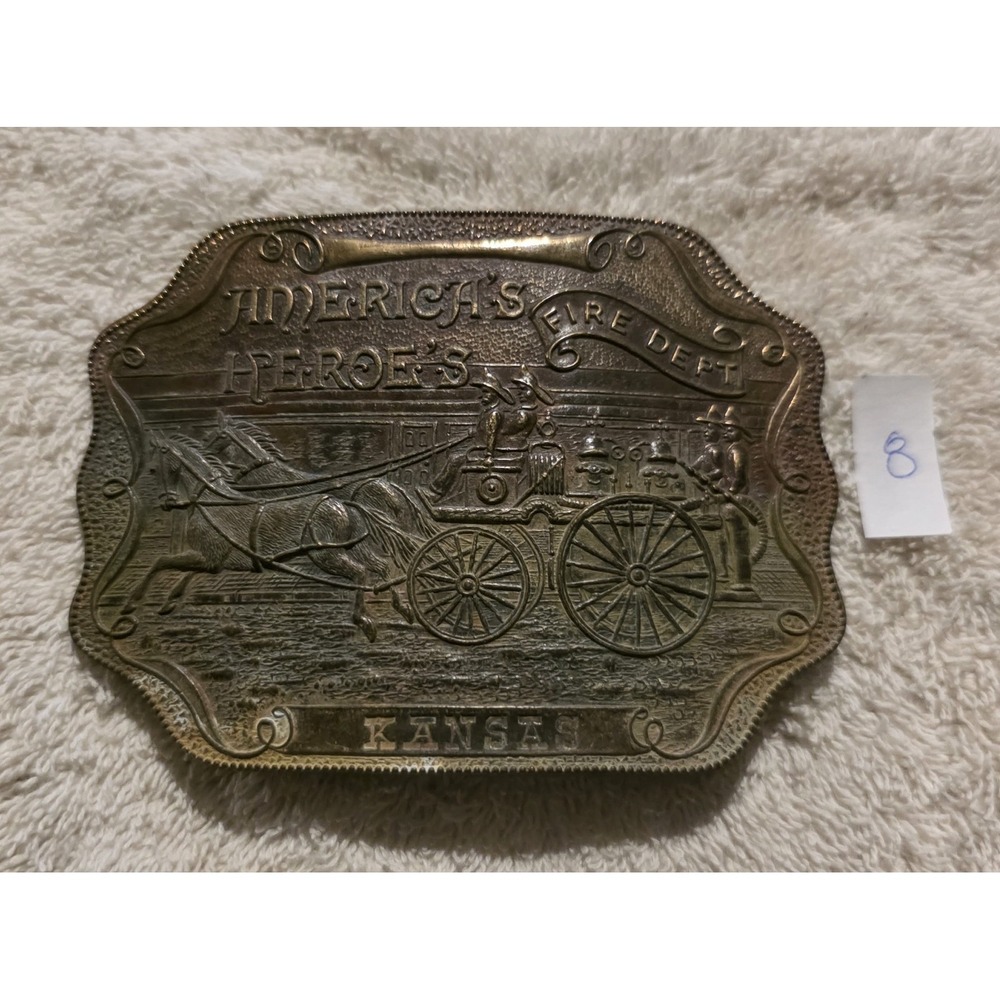 Vintage 1970s America's Heroes Kansas Fire Dept Brass Belt Buckle Tiffany Mark 8